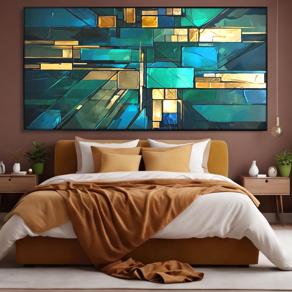 Tablou canvas cu tablou abstract geometric in nuante de albastru, in rama de aluminiu negru, pe perete intr-un dormitor